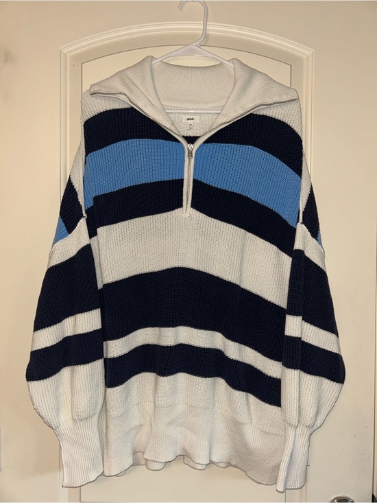 aerie Sweaters - aerie women's Striped Half-Zip Sweater in White, Navy & Light Blue